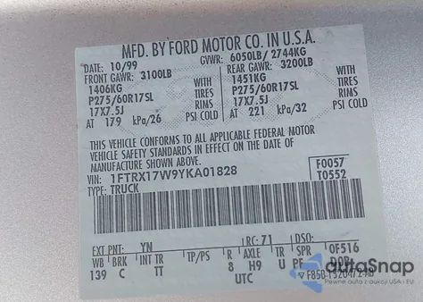 2000 Ford F-150 Lariat/Work Series/Xl/Xlt z USA, uszkodzony, nr VIN 1FTRX17W9YKA01828